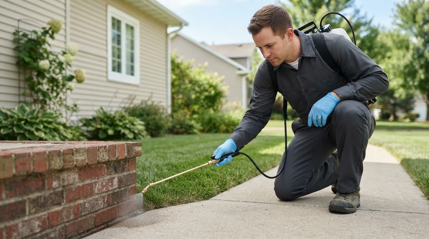 Pest control technician treating a home near Center Tuftonboro, NH
