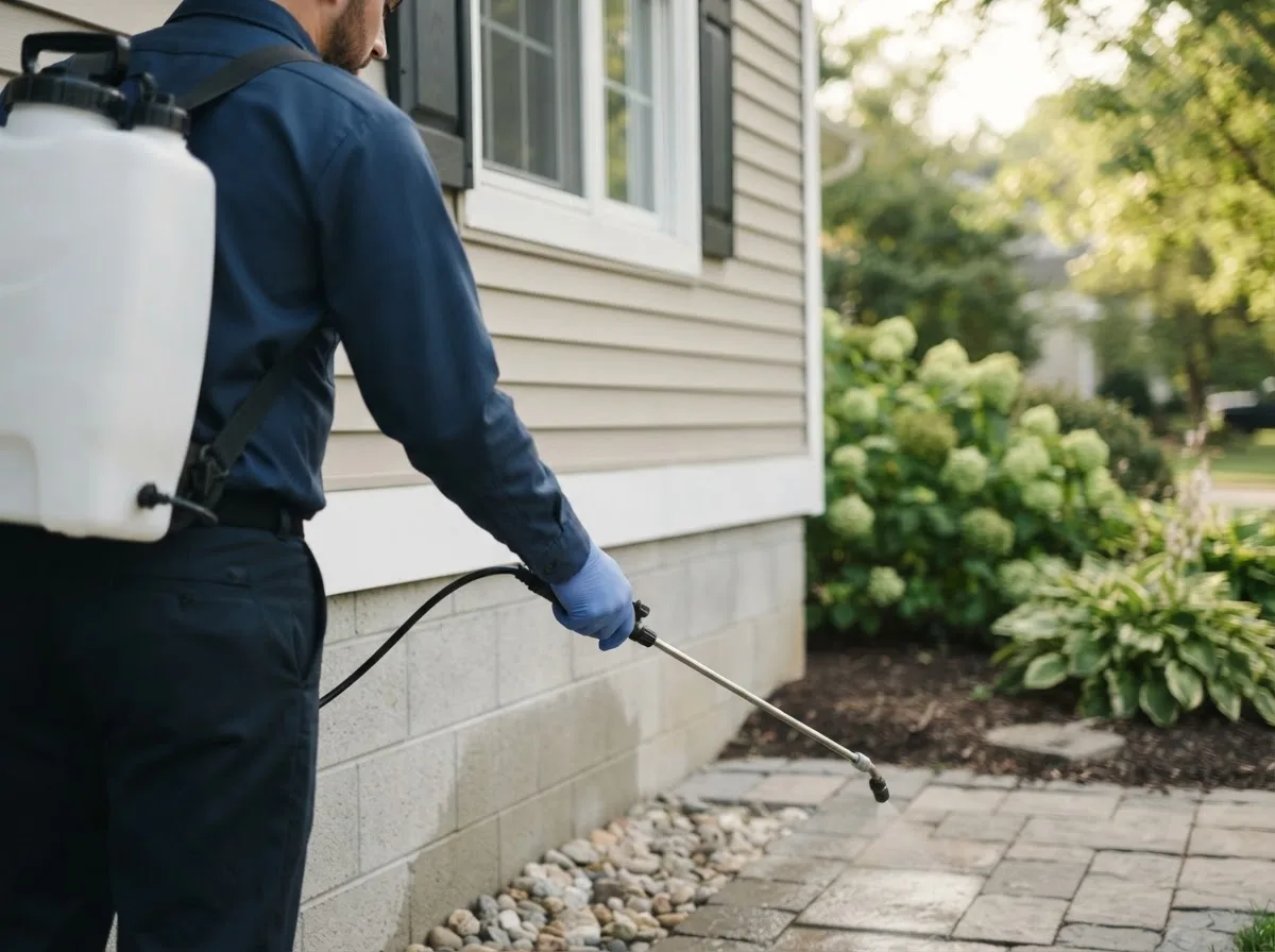 Pest control technician inspecting a home in Center Tuftonboro, NH